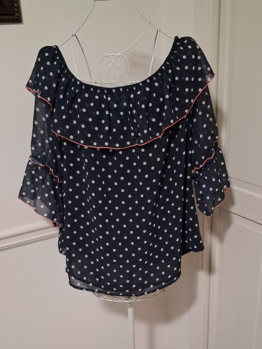 Sweet Pea Black Polka Dot Off-Shoulder Ruffle Blouse with Coral Trim